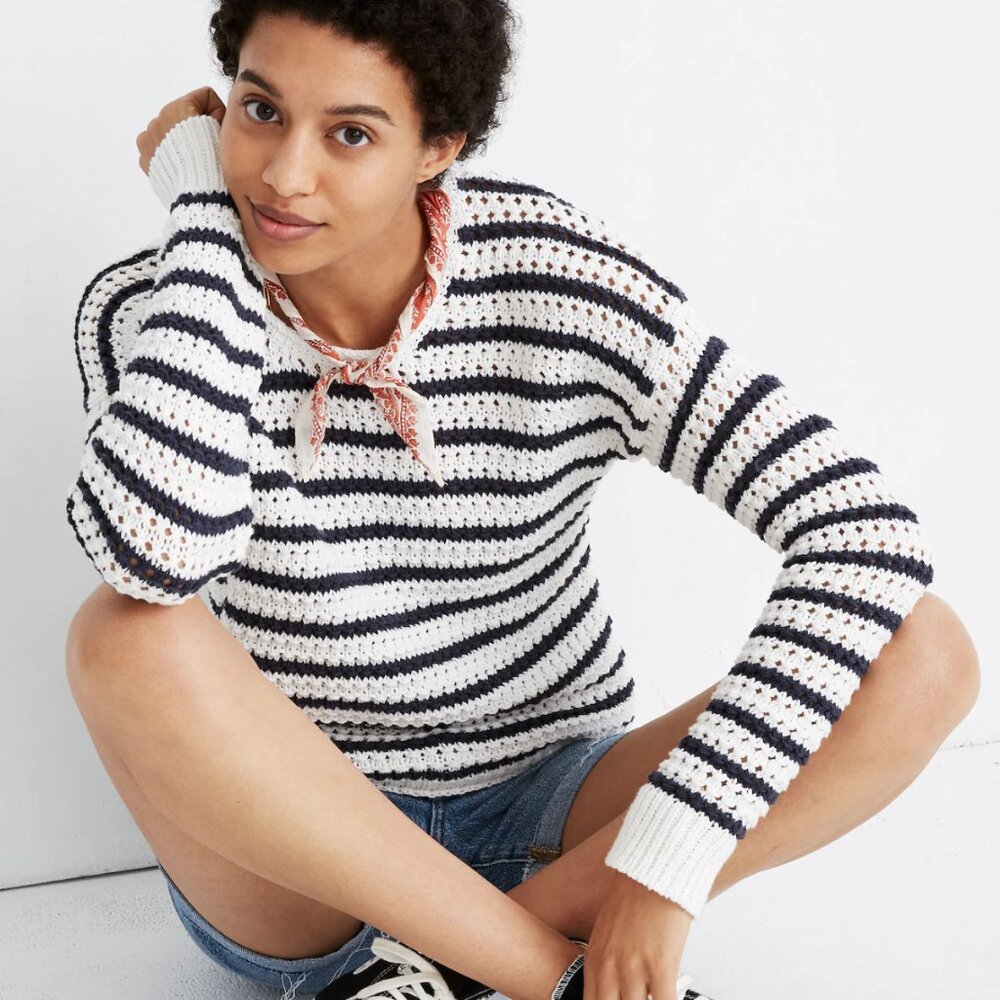 Madewell Striped Open-Stitch Austen Pullover Sweater